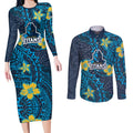 Personalised Gold Coast Titans Couples Matching Long Sleeve Bodycon Dress and Long Sleeve Button Shirt Polynesian Tribal Pattern With Rugby Titan Mascot Art