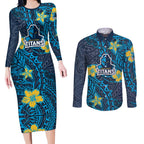 Personalised Gold Coast Titans Couples Matching Long Sleeve Bodycon Dress and Long Sleeve Button Shirt Polynesian Tribal Pattern With Rugby Titan Mascot Art