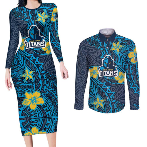 Personalised Gold Coast Titans Couples Matching Long Sleeve Bodycon Dress and Long Sleeve Button Shirt Polynesian Tribal Pattern With Rugby Titan Mascot Art