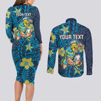 Personalised Gold Coast Titans Couples Matching Long Sleeve Bodycon Dress and Long Sleeve Button Shirt Polynesian Tribal Pattern With Rugby Titan Mascot Art