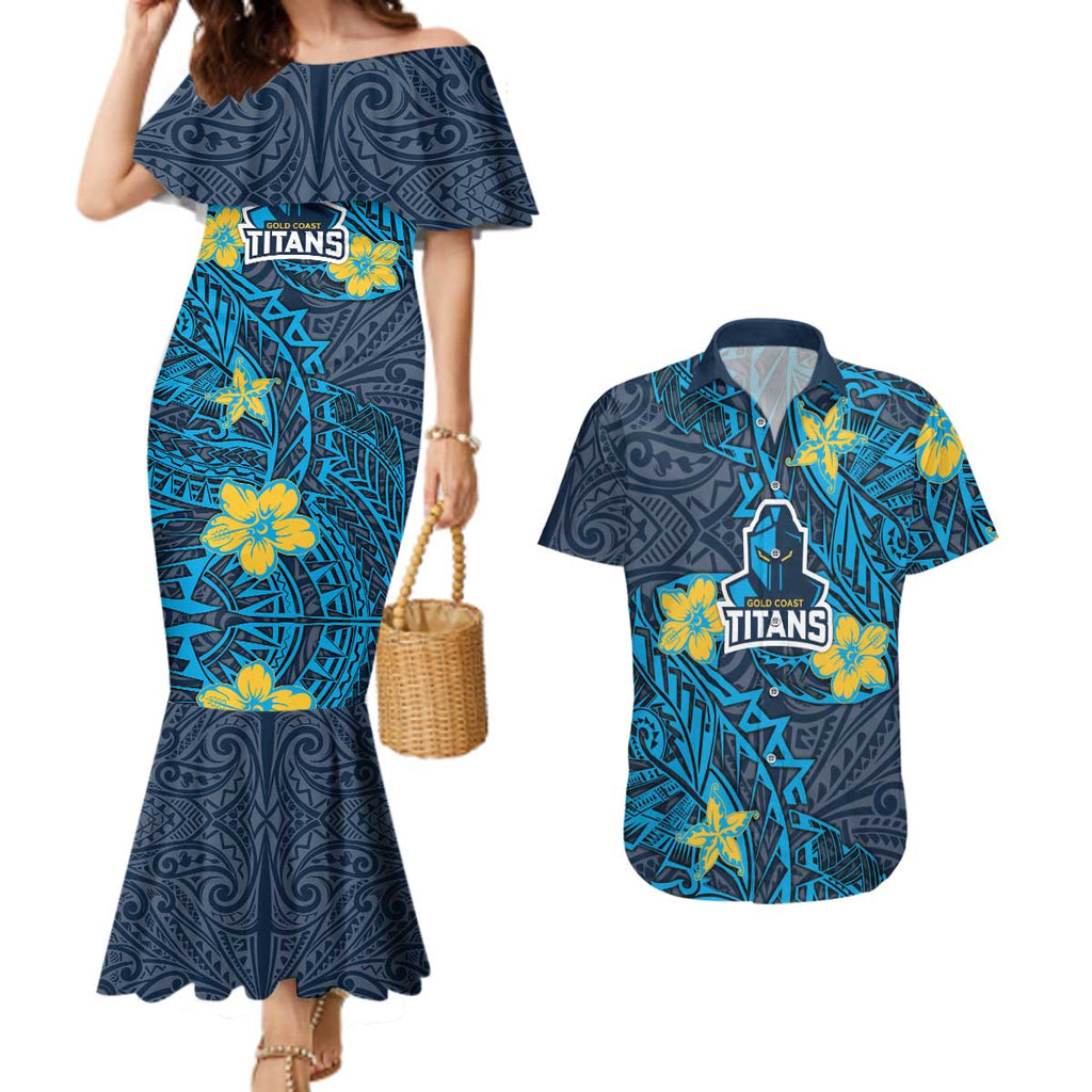 Personalised Gold Coast Titans Couples Matching Mermaid Dress and Hawaiian Shirt Polynesian Tribal Pattern With Rugby Titan Mascot Art