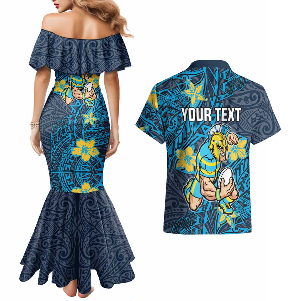 Personalised Gold Coast Titans Couples Matching Mermaid Dress and Hawaiian Shirt Polynesian Tribal Pattern With Rugby Titan Mascot Art