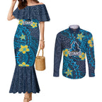 Personalised Gold Coast Titans Couples Matching Mermaid Dress and Long Sleeve Button Shirt Polynesian Tribal Pattern With Rugby Titan Mascot Art