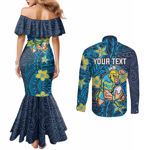 Personalised Gold Coast Titans Couples Matching Mermaid Dress and Long Sleeve Button Shirt Polynesian Tribal Pattern With Rugby Titan Mascot Art