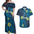 Personalised Gold Coast Titans Couples Matching Off Shoulder Maxi Dress and Hawaiian Shirt Polynesian Tribal Pattern With Rugby Titan Mascot Art