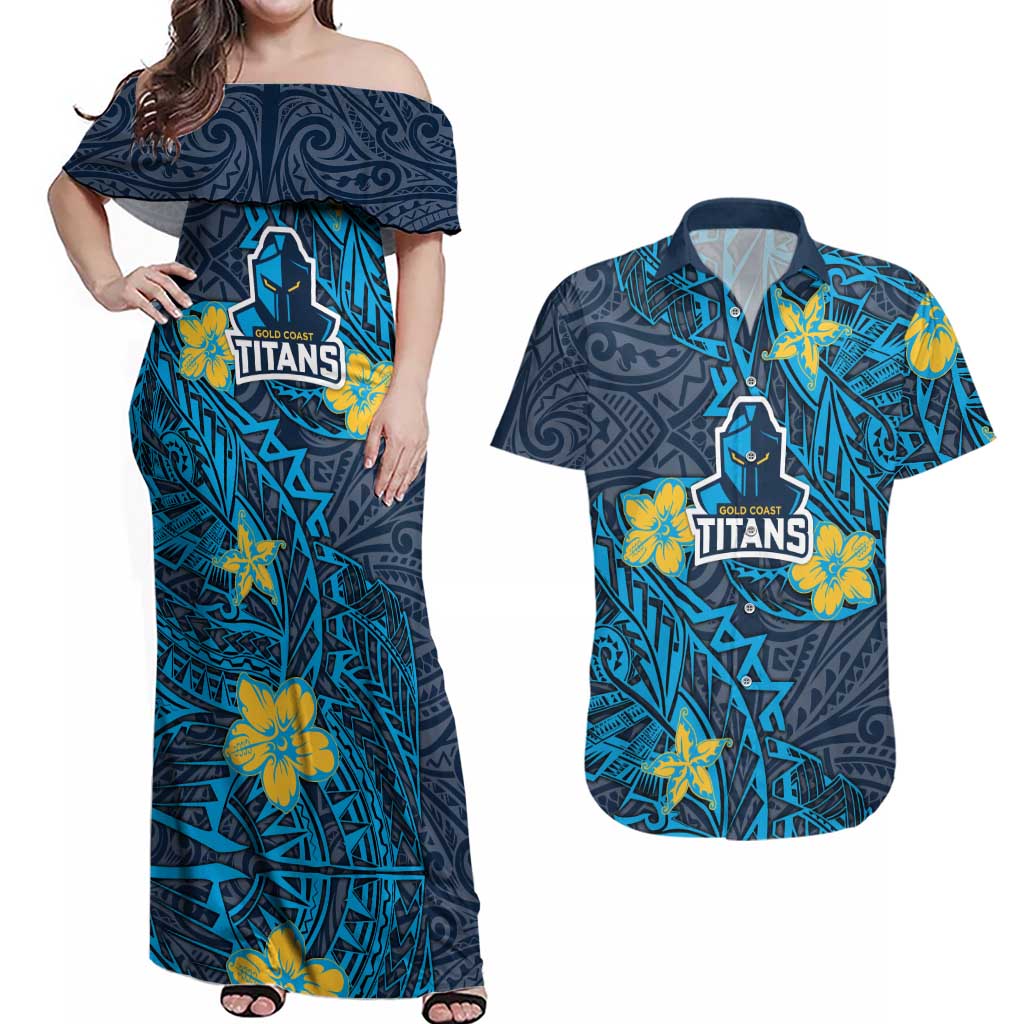 Personalised Gold Coast Titans Couples Matching Off Shoulder Maxi Dress and Hawaiian Shirt Polynesian Tribal Pattern With Rugby Titan Mascot Art
