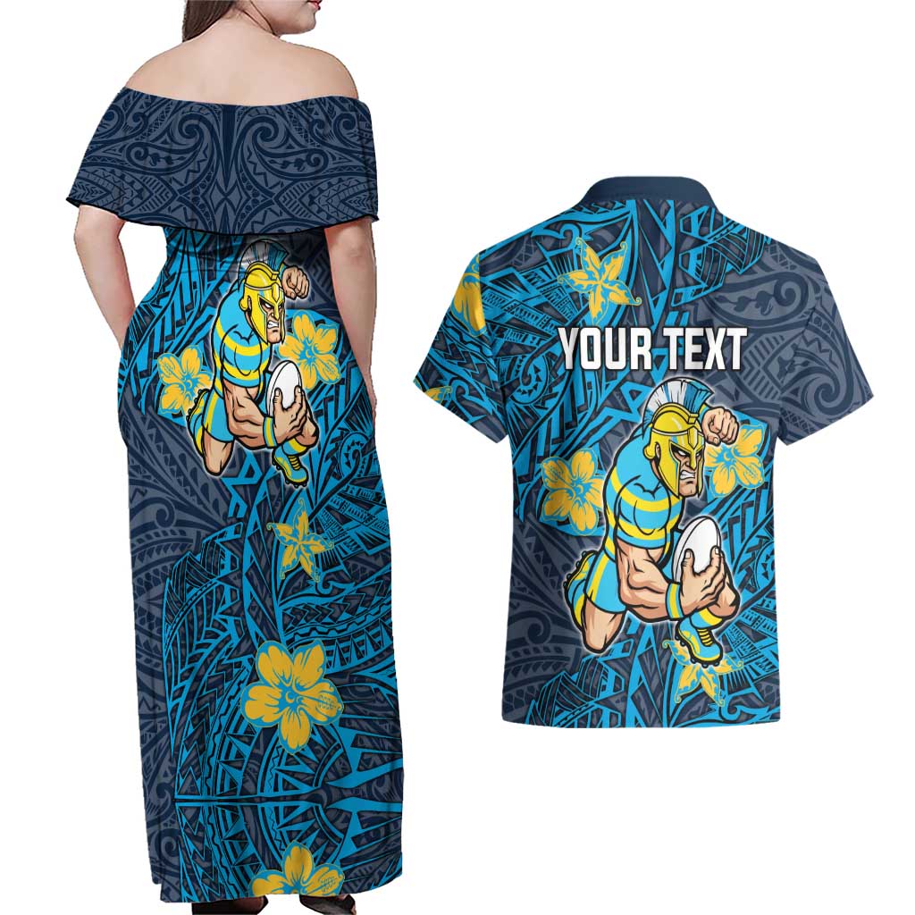 Personalised Gold Coast Titans Couples Matching Off Shoulder Maxi Dress and Hawaiian Shirt Polynesian Tribal Pattern With Rugby Titan Mascot Art