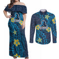 Personalised Gold Coast Titans Couples Matching Off Shoulder Maxi Dress and Long Sleeve Button Shirt Polynesian Tribal Pattern With Rugby Titan Mascot Art