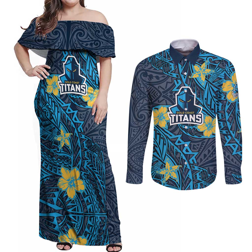 Personalised Gold Coast Titans Couples Matching Off Shoulder Maxi Dress and Long Sleeve Button Shirt Polynesian Tribal Pattern With Rugby Titan Mascot Art
