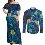 Personalised Gold Coast Titans Couples Matching Off Shoulder Maxi Dress and Long Sleeve Button Shirt Polynesian Tribal Pattern With Rugby Titan Mascot Art