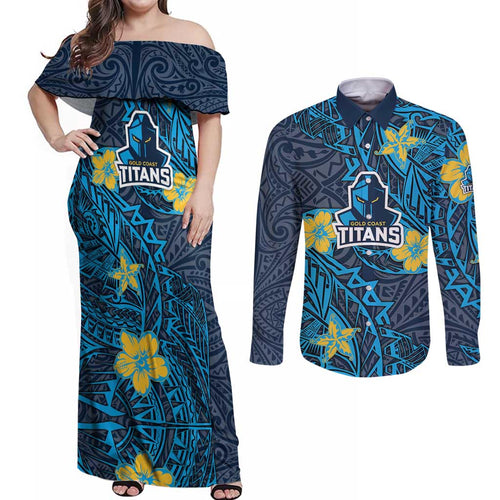 Personalised Gold Coast Titans Couples Matching Off Shoulder Maxi Dress and Long Sleeve Button Shirt Polynesian Tribal Pattern With Rugby Titan Mascot Art
