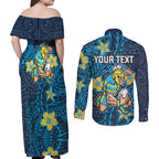 Personalised Gold Coast Titans Couples Matching Off Shoulder Maxi Dress and Long Sleeve Button Shirt Polynesian Tribal Pattern With Rugby Titan Mascot Art