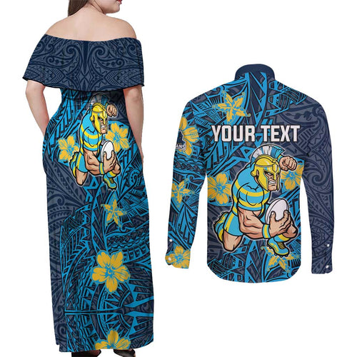 Personalised Gold Coast Titans Couples Matching Off Shoulder Maxi Dress and Long Sleeve Button Shirt Polynesian Tribal Pattern With Rugby Titan Mascot Art