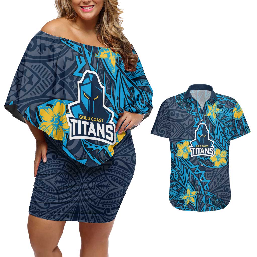 Personalised Gold Coast Titans Couples Matching Off Shoulder Short Dress and Hawaiian Shirt Polynesian Tribal Pattern With Rugby Titan Mascot Art