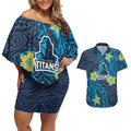 Personalised Gold Coast Titans Couples Matching Off Shoulder Short Dress and Hawaiian Shirt Polynesian Tribal Pattern With Rugby Titan Mascot Art