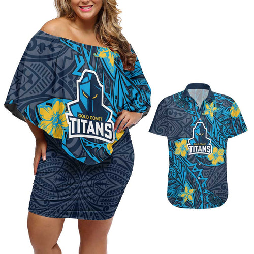 Personalised Gold Coast Titans Couples Matching Off Shoulder Short Dress and Hawaiian Shirt Polynesian Tribal Pattern With Rugby Titan Mascot Art