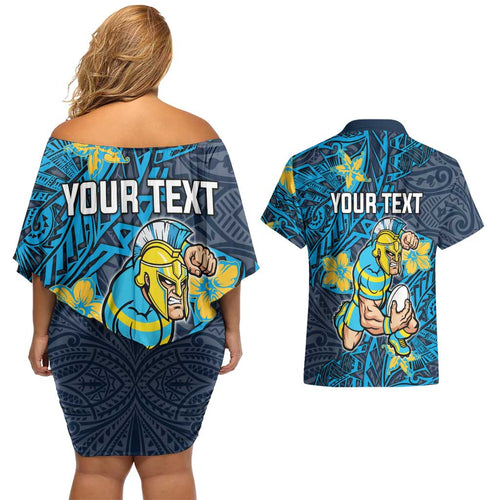 Personalised Gold Coast Titans Couples Matching Off Shoulder Short Dress and Hawaiian Shirt Polynesian Tribal Pattern With Rugby Titan Mascot Art