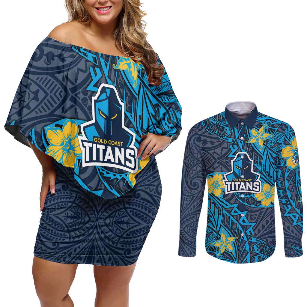 Personalised Gold Coast Titans Couples Matching Off Shoulder Short Dress and Long Sleeve Button Shirt Polynesian Tribal Pattern With Rugby Titan Mascot Art