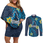 Personalised Gold Coast Titans Couples Matching Off Shoulder Short Dress and Long Sleeve Button Shirt Polynesian Tribal Pattern With Rugby Titan Mascot Art
