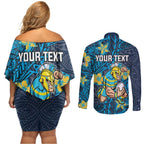 Personalised Gold Coast Titans Couples Matching Off Shoulder Short Dress and Long Sleeve Button Shirt Polynesian Tribal Pattern With Rugby Titan Mascot Art