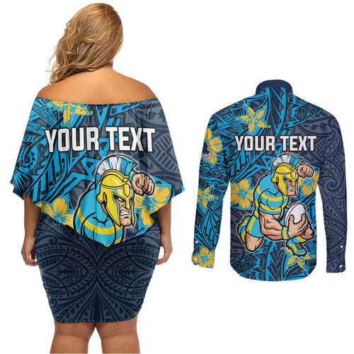 Personalised Gold Coast Titans Couples Matching Off Shoulder Short Dress and Long Sleeve Button Shirt Polynesian Tribal Pattern With Rugby Titan Mascot Art