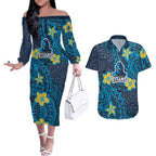 Personalised Gold Coast Titans Couples Matching Off The Shoulder Long Sleeve Dress and Hawaiian Shirt Polynesian Tribal Pattern With Rugby Titan Mascot Art