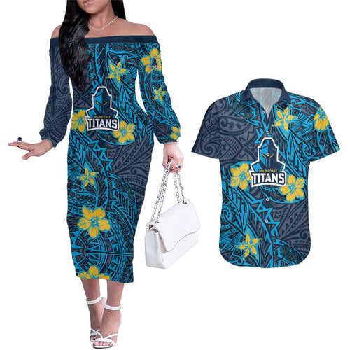 Personalised Gold Coast Titans Couples Matching Off The Shoulder Long Sleeve Dress and Hawaiian Shirt Polynesian Tribal Pattern With Rugby Titan Mascot Art