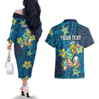 Personalised Gold Coast Titans Couples Matching Off The Shoulder Long Sleeve Dress and Hawaiian Shirt Polynesian Tribal Pattern With Rugby Titan Mascot Art