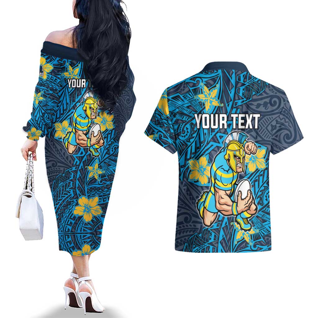 Personalised Gold Coast Titans Couples Matching Off The Shoulder Long Sleeve Dress and Hawaiian Shirt Polynesian Tribal Pattern With Rugby Titan Mascot Art