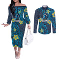 Personalised Gold Coast Titans Couples Matching Off The Shoulder Long Sleeve Dress and Long Sleeve Button Shirt Polynesian Tribal Pattern With Rugby Titan Mascot Art