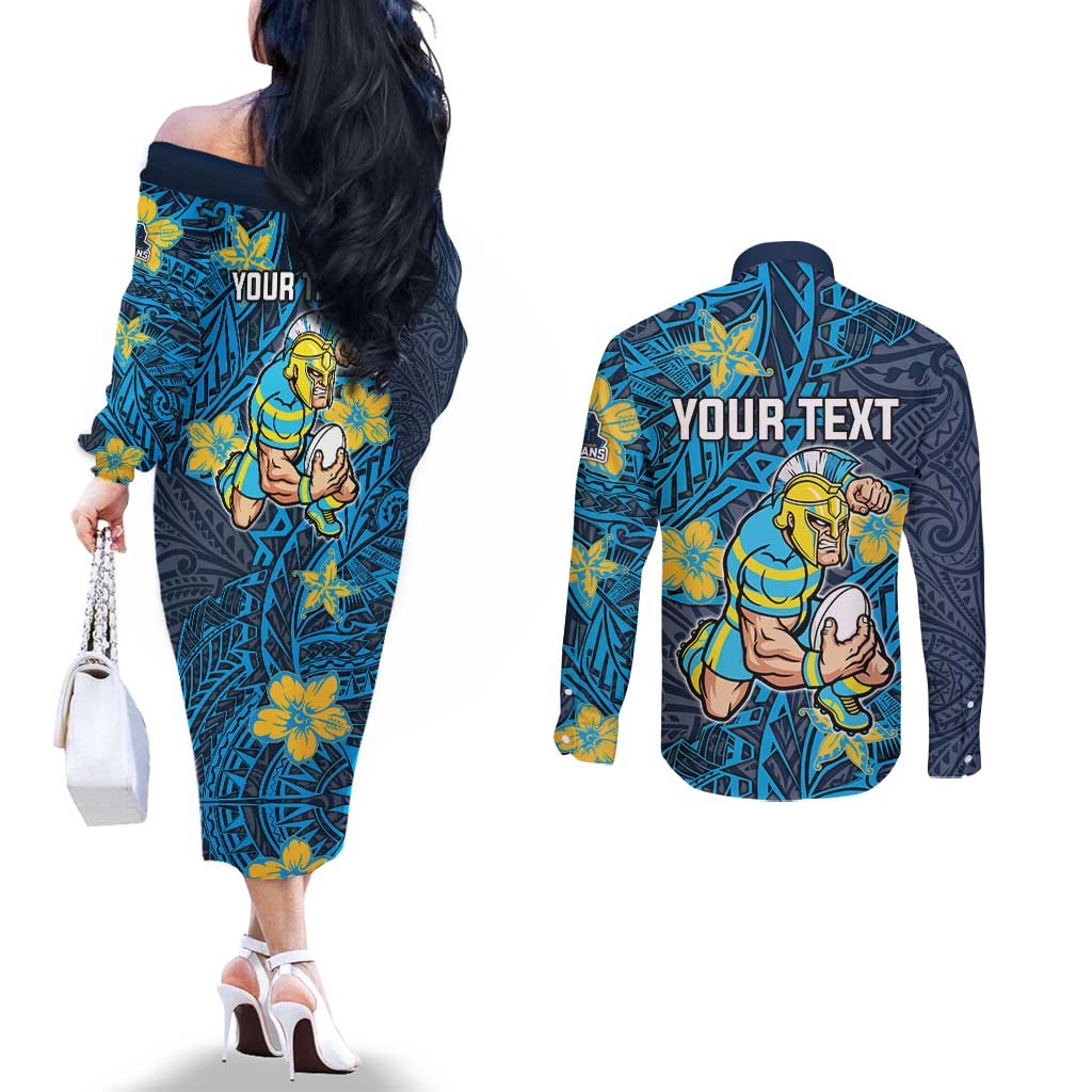 Personalised Gold Coast Titans Couples Matching Off The Shoulder Long Sleeve Dress and Long Sleeve Button Shirt Polynesian Tribal Pattern With Rugby Titan Mascot Art