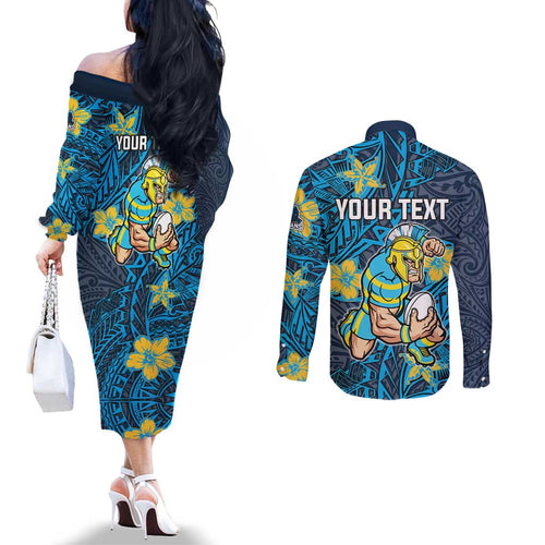 Personalised Gold Coast Titans Couples Matching Off The Shoulder Long Sleeve Dress and Long Sleeve Button Shirt Polynesian Tribal Pattern With Rugby Titan Mascot Art