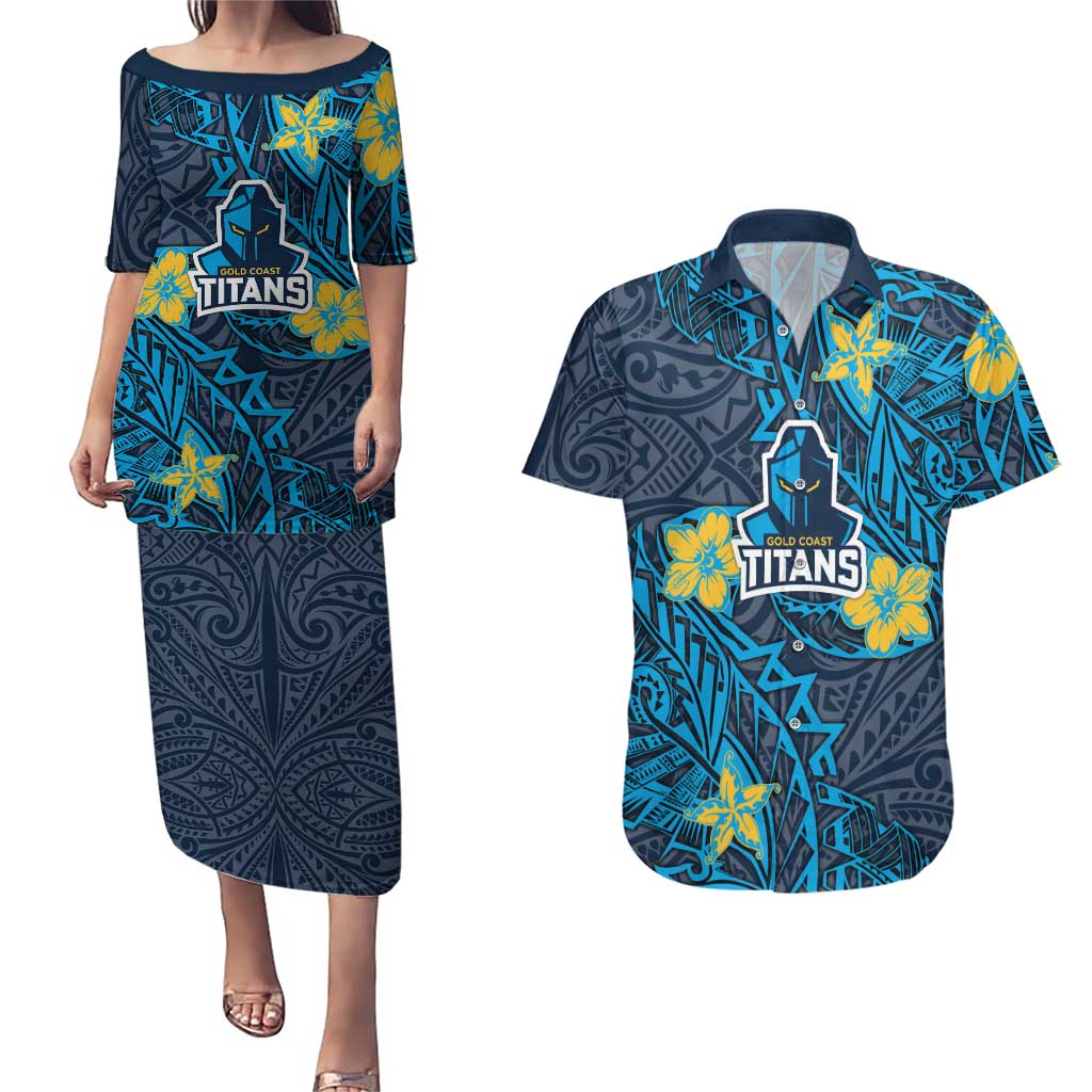 Personalised Gold Coast Titans Couples Matching Puletasi and Hawaiian Shirt Polynesian Tribal Pattern With Rugby Titan Mascot Art