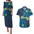 Personalised Gold Coast Titans Couples Matching Puletasi and Hawaiian Shirt Polynesian Tribal Pattern With Rugby Titan Mascot Art
