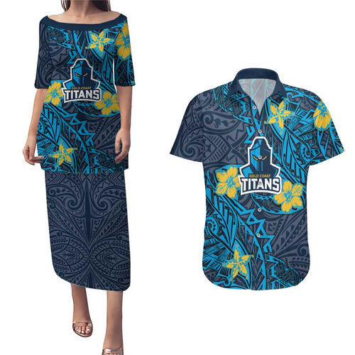 Personalised Gold Coast Titans Couples Matching Puletasi and Hawaiian Shirt Polynesian Tribal Pattern With Rugby Titan Mascot Art