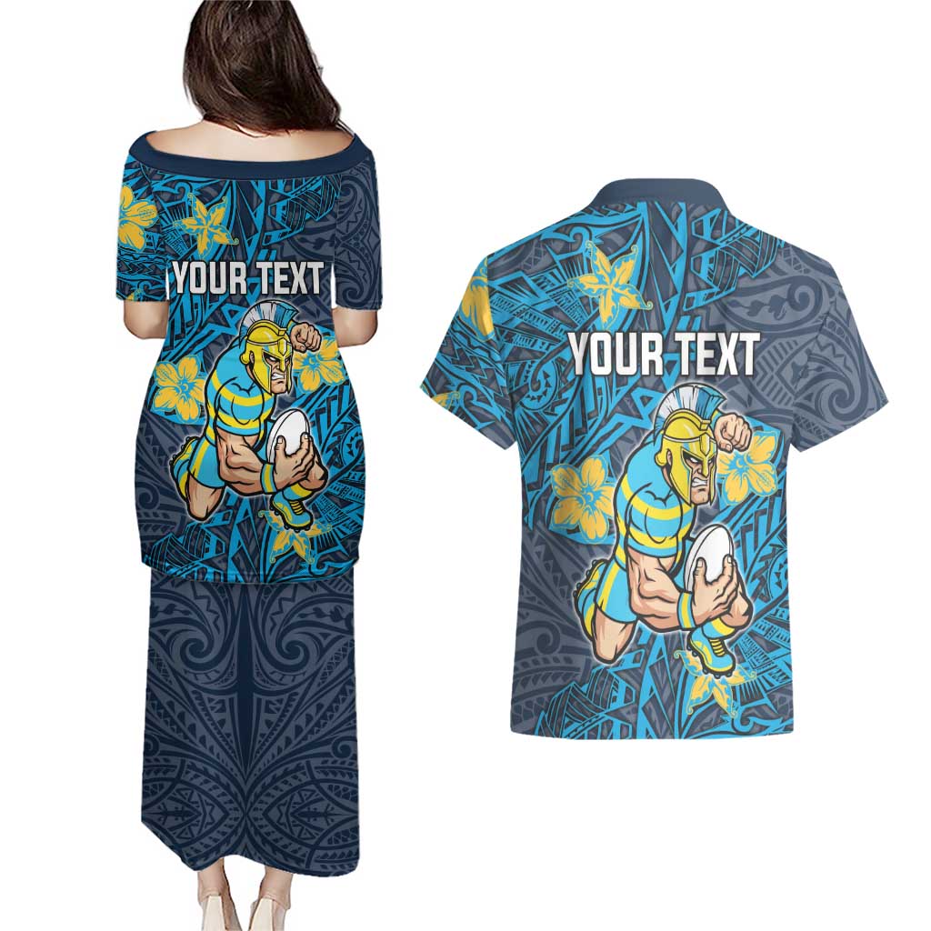 Personalised Gold Coast Titans Couples Matching Puletasi and Hawaiian Shirt Polynesian Tribal Pattern With Rugby Titan Mascot Art