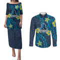 Personalised Gold Coast Titans Couples Matching Puletasi and Long Sleeve Button Shirt Polynesian Tribal Pattern With Rugby Titan Mascot Art