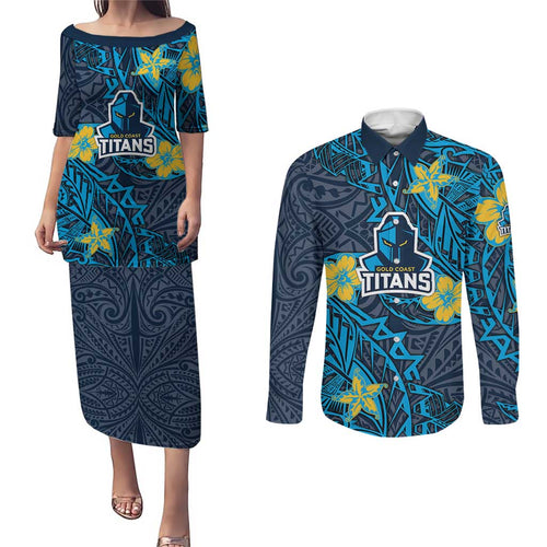 Personalised Gold Coast Titans Couples Matching Puletasi and Long Sleeve Button Shirt Polynesian Tribal Pattern With Rugby Titan Mascot Art
