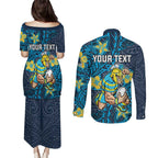Personalised Gold Coast Titans Couples Matching Puletasi and Long Sleeve Button Shirt Polynesian Tribal Pattern With Rugby Titan Mascot Art