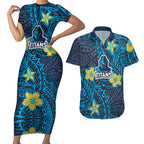 Personalised Gold Coast Titans Couples Matching Short Sleeve Bodycon Dress and Hawaiian Shirt Polynesian Tribal Pattern With Rugby Titan Mascot Art