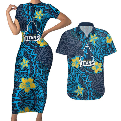 Personalised Gold Coast Titans Couples Matching Short Sleeve Bodycon Dress and Hawaiian Shirt Polynesian Tribal Pattern With Rugby Titan Mascot Art