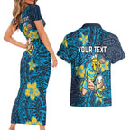 Personalised Gold Coast Titans Couples Matching Short Sleeve Bodycon Dress and Hawaiian Shirt Polynesian Tribal Pattern With Rugby Titan Mascot Art