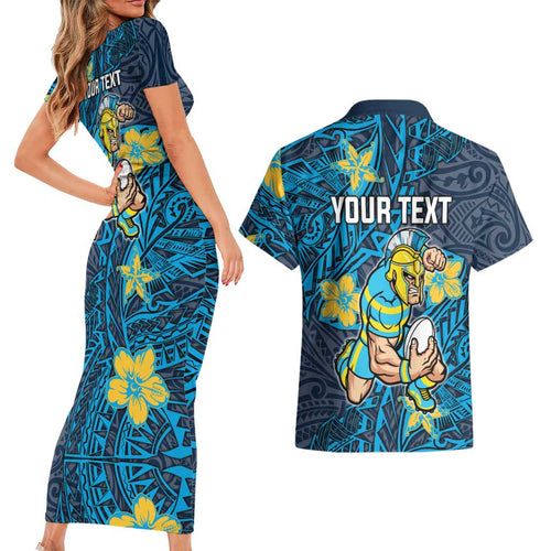 Personalised Gold Coast Titans Couples Matching Short Sleeve Bodycon Dress and Hawaiian Shirt Polynesian Tribal Pattern With Rugby Titan Mascot Art