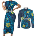 Personalised Gold Coast Titans Couples Matching Short Sleeve Bodycon Dress and Long Sleeve Button Shirt Polynesian Tribal Pattern With Rugby Titan Mascot Art