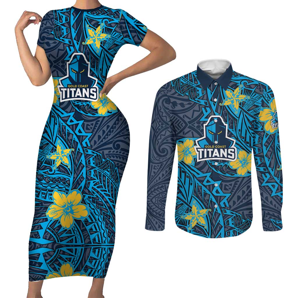 Personalised Gold Coast Titans Couples Matching Short Sleeve Bodycon Dress and Long Sleeve Button Shirt Polynesian Tribal Pattern With Rugby Titan Mascot Art