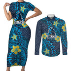 Personalised Gold Coast Titans Couples Matching Short Sleeve Bodycon Dress and Long Sleeve Button Shirt Polynesian Tribal Pattern With Rugby Titan Mascot Art