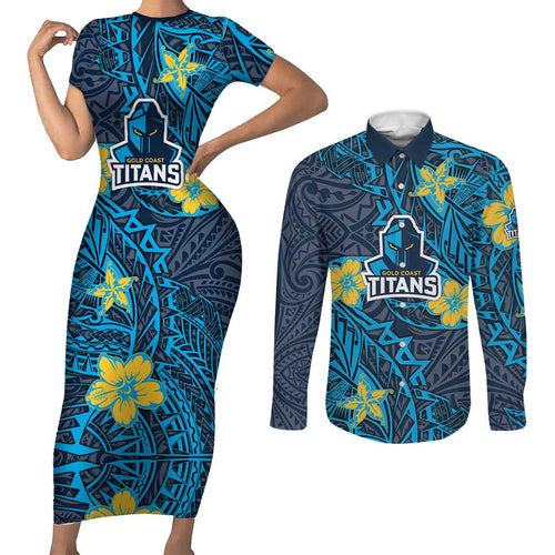 Personalised Gold Coast Titans Couples Matching Short Sleeve Bodycon Dress and Long Sleeve Button Shirt Polynesian Tribal Pattern With Rugby Titan Mascot Art