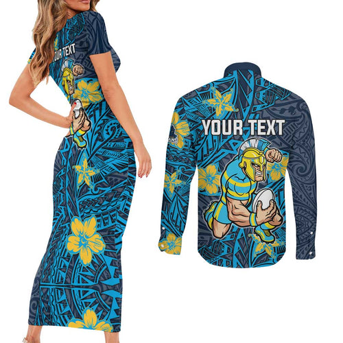 Personalised Gold Coast Titans Couples Matching Short Sleeve Bodycon Dress and Long Sleeve Button Shirt Polynesian Tribal Pattern With Rugby Titan Mascot Art
