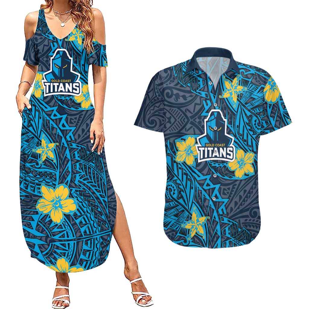 Personalised Gold Coast Titans Couples Matching Summer Maxi Dress and Hawaiian Shirt Polynesian Tribal Pattern With Rugby Titan Mascot Art
