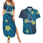 Personalised Gold Coast Titans Couples Matching Summer Maxi Dress and Hawaiian Shirt Polynesian Tribal Pattern With Rugby Titan Mascot Art